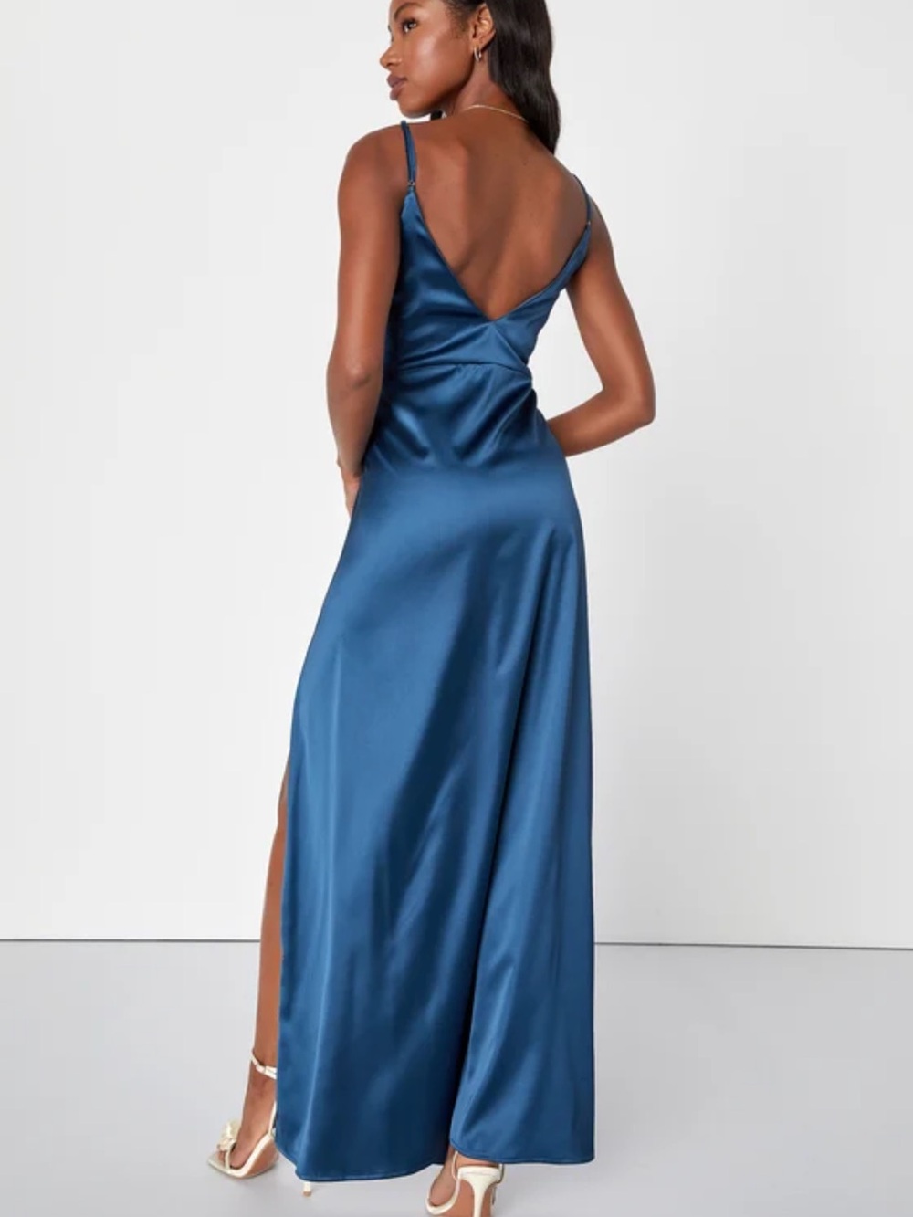 Lulu's Delightful Allure Dark Blue Satin Pleated Backless Maxi Dress Medium - Picture 2 of 6
